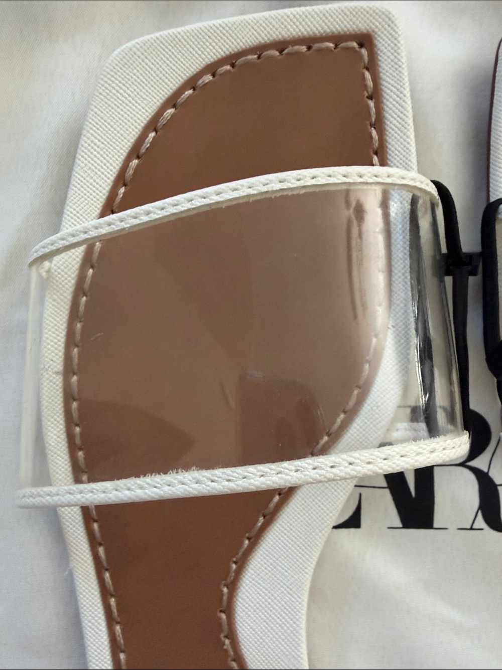 ZARA White Slide Sandals with Clear Straps and Tan Footbed - Picture 6 of 8